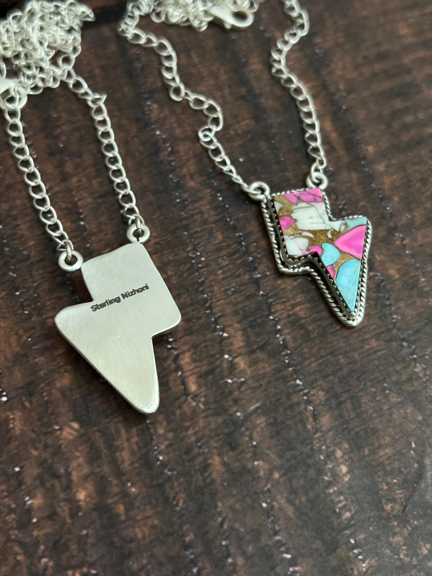 Handmade Sterling Silver Cotton Candy, Honey Dahlia Lightning Bolt Necklace Signed Nizhoni (3)