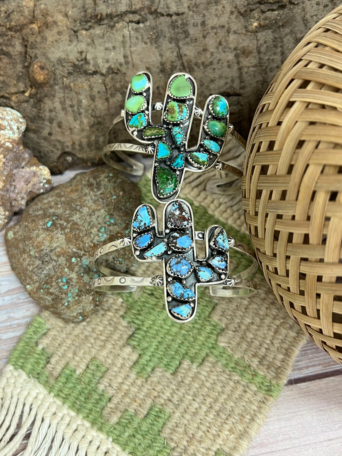 Handmade Sterling Silver Golden Hill, Sonoran Mountain Turquoise Cactus Bracelet with Signed Nizhoni