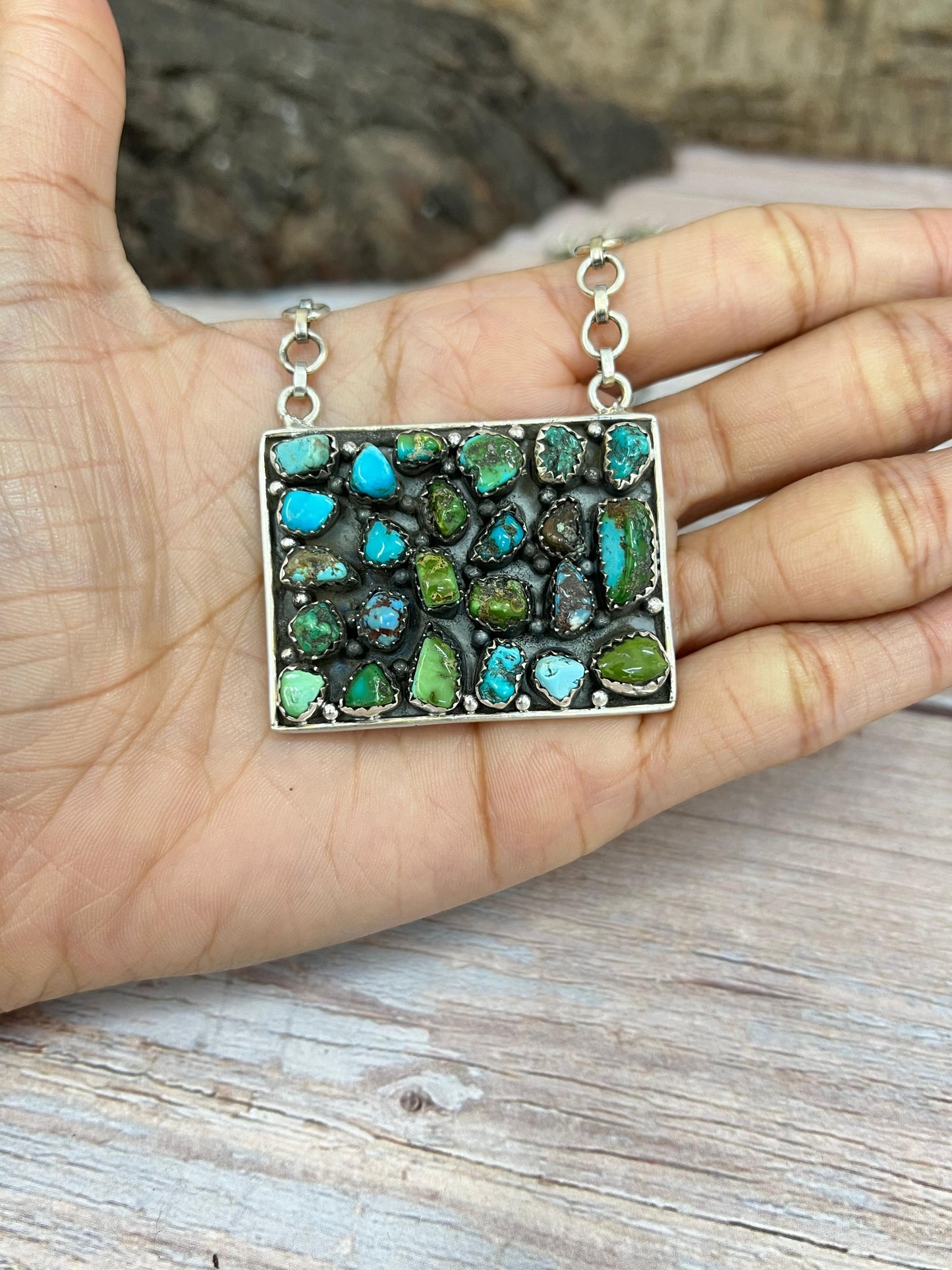 Handmade Sterling Silver Multi Stone Necklace with Signed Nizhoni