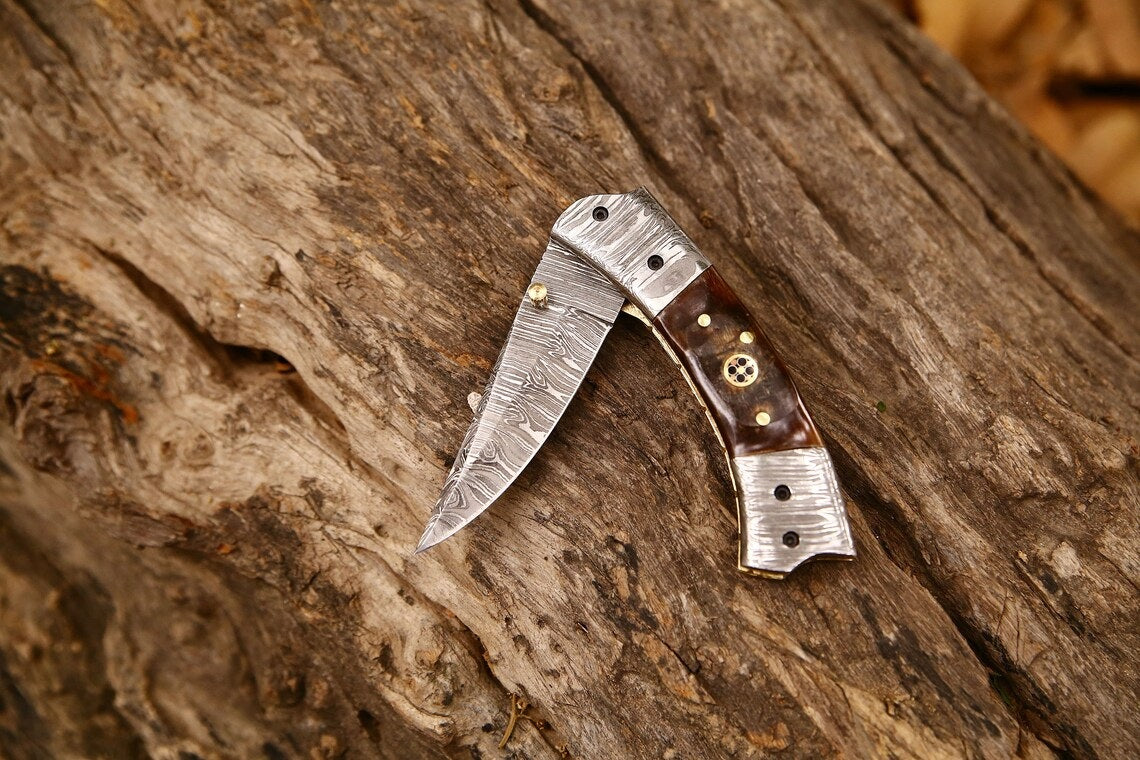 Custom Handmade Damascus Steel EDC Folding Pocket Knife – 3-Inch Blade, Sheep Horn Handle, Leather Case – Perfect Wedding Gift by KBS Knives