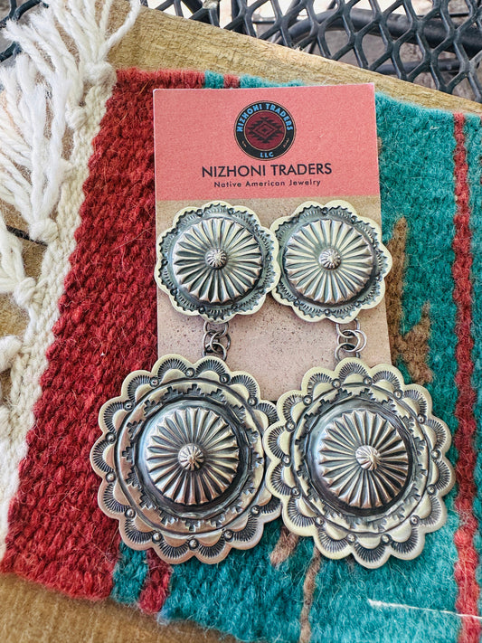 Navajo Sterling Silver Concho Dangle Earrings by Hemerson Brown