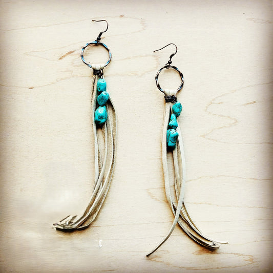 Leather Fringe Earrings with Turquoise Chunks Cream 218q
