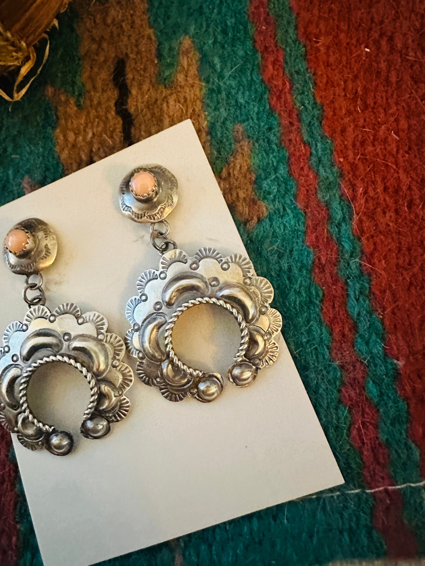 Navajo Queen Pink Conch & Sterling Silver Naja Dangle Earrings By Tim Yazzie