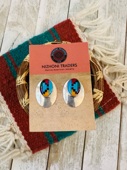 Navajo Multi Stone & Sterling Silver Inlay Post Earrings