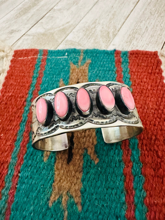 Navajo Sterling Silver & Queen Pink Conch Cuff Bracelet by Chimney Butte