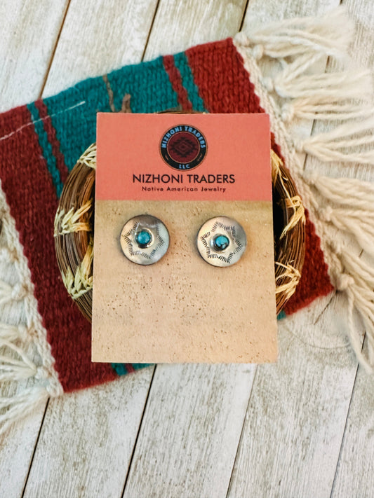 Navajo Sterling Silver & Turquoise Concho Stud Earrings
