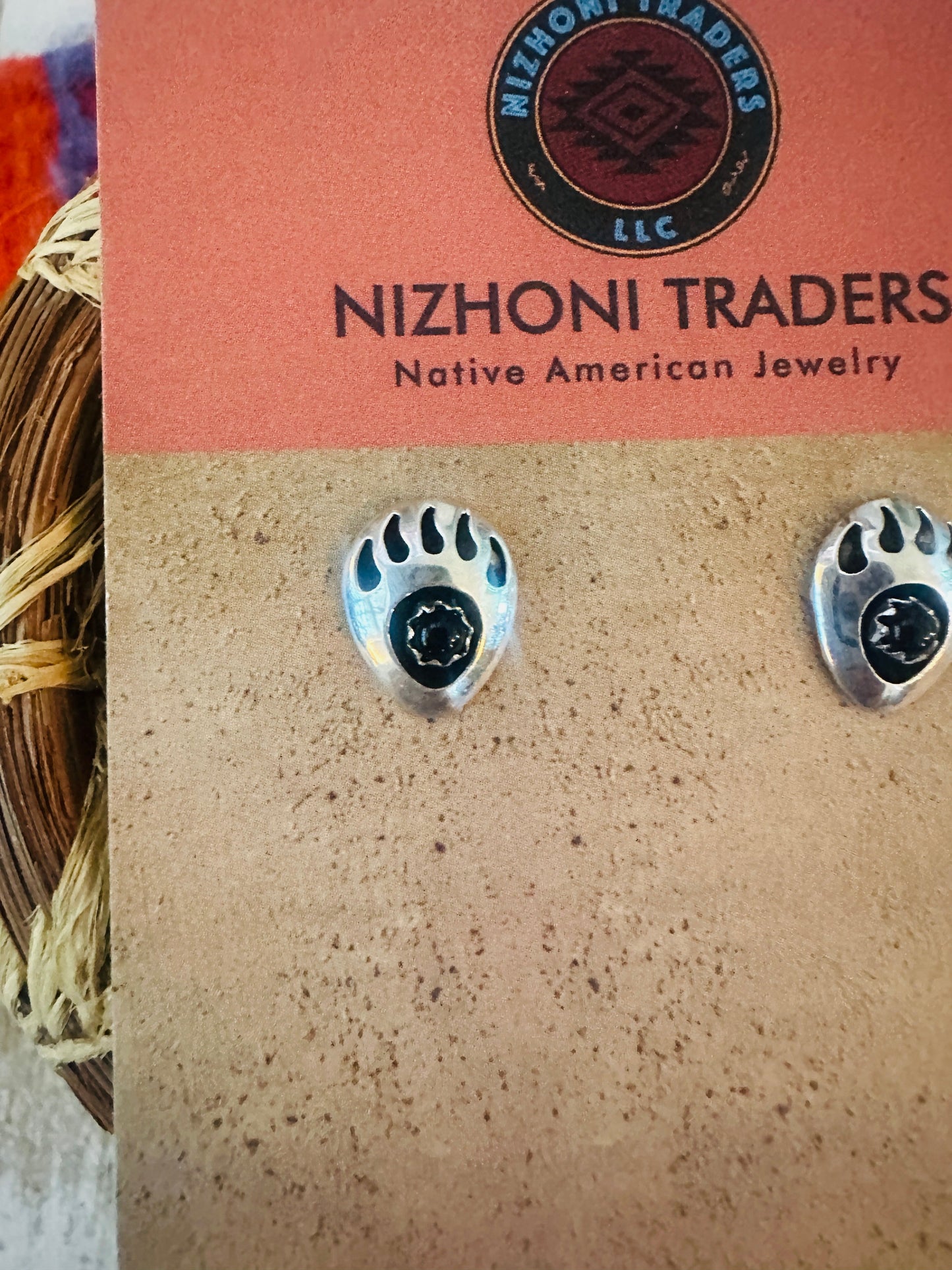 Navajo Onyx & Sterling Silver Bear Paw Stud Earrings