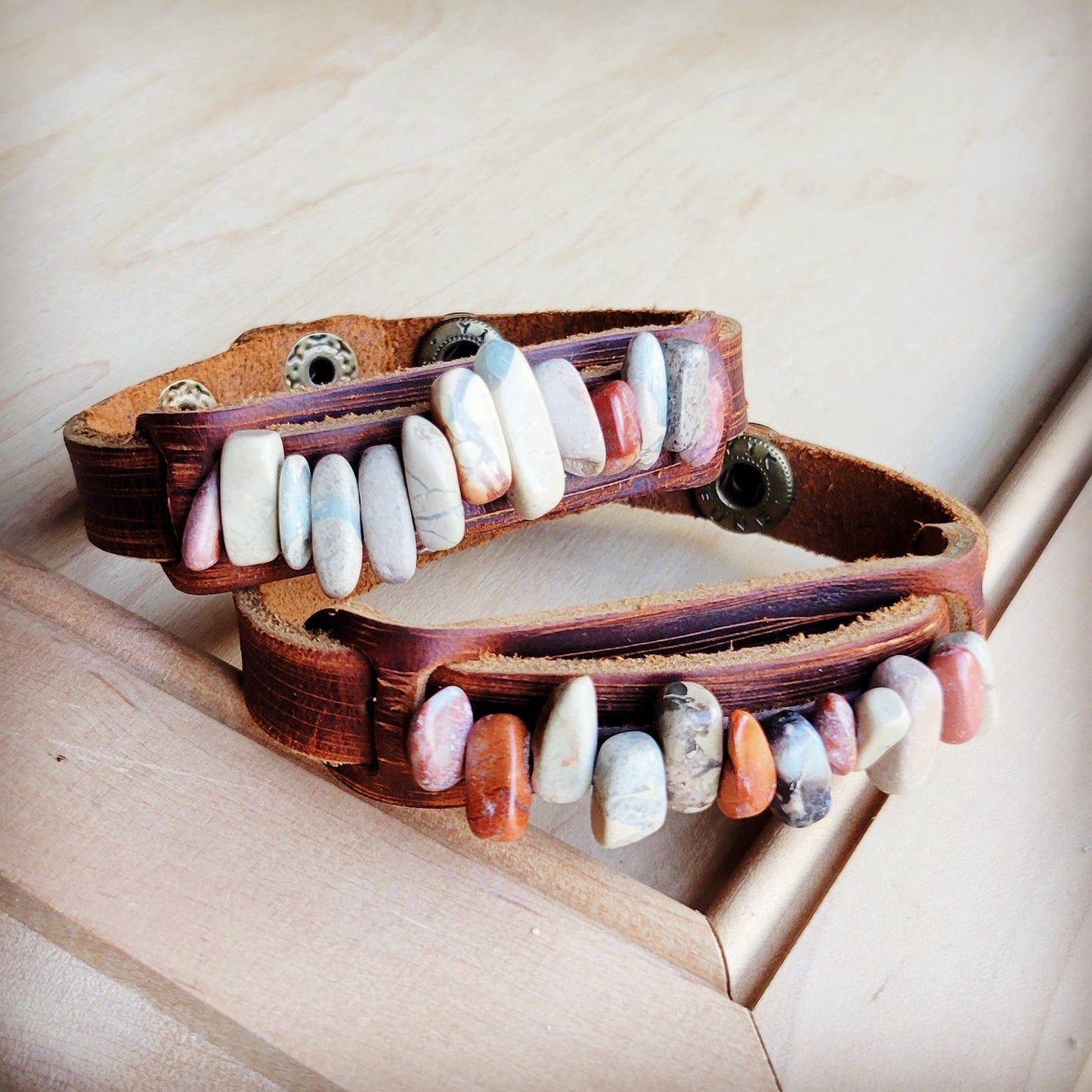 Genuine Leather Narrow Cuff with Aqua Terra Stones 005f