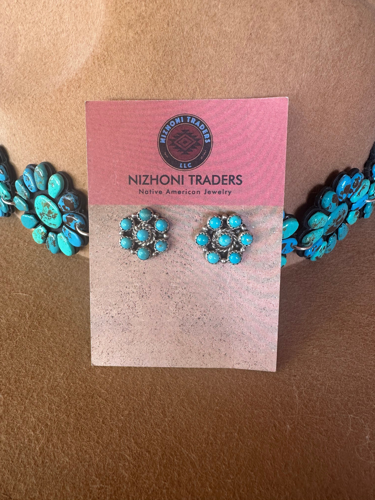 Handcrafted Turquoise And Sterling Silver 7 Stone Flower Post Earrings