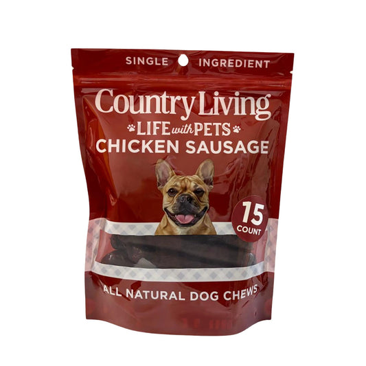 Country Living 4”-5” Beef Flavored Chicken Sausage Dog Treats – 15 Count Bag – Soft & Chewy, High-Protein Training & Reward Treats – Grain-Free, No Artificial Flavors or Preservatives