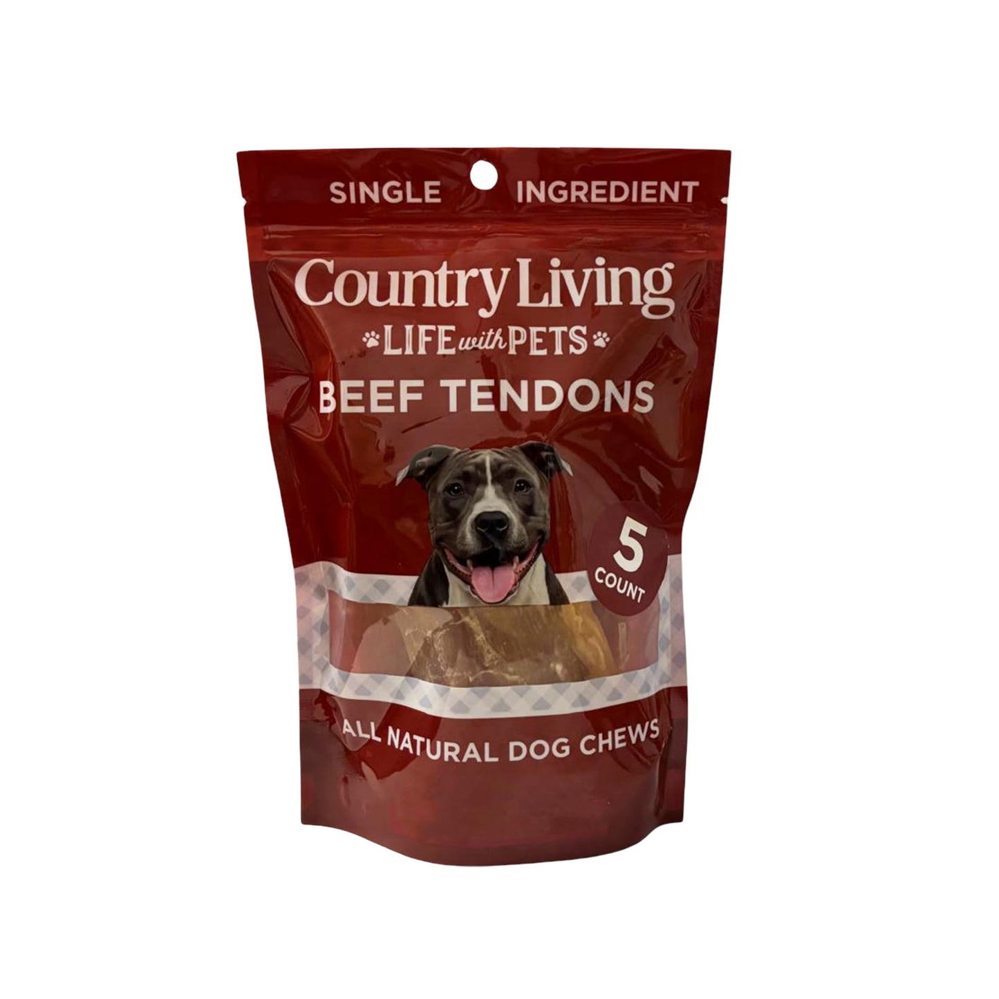 Country Living 4”-7” Beef Backstrap Tendon Dog Chews – 5 Count Bag – All-Natural, Long-Lasting, High-Protein Dog Treats – Single-Ingredient, Grain-Free
