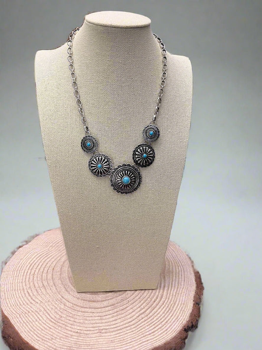 5 Conchos with Faux Turquoise Necklace - 18 inch + 3 inch extender