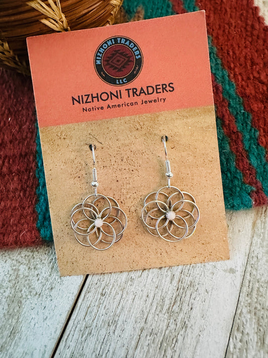 Navajo Queen Pink Conch & Sterling Silver Flower Dangle Earrings