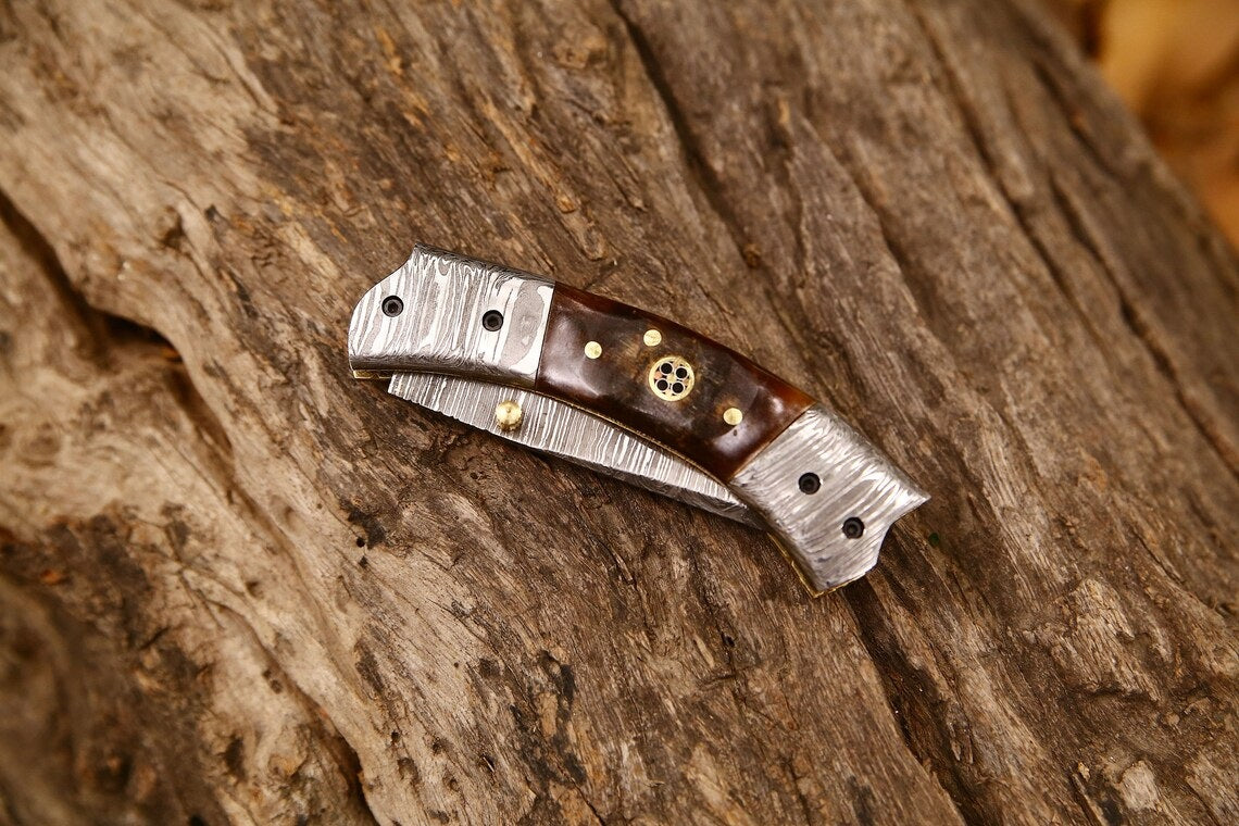 Custom Handmade Damascus Steel EDC Folding Pocket Knife – 3-Inch Blade, Sheep Horn Handle, Leather Case – Perfect Wedding Gift by KBS Knives