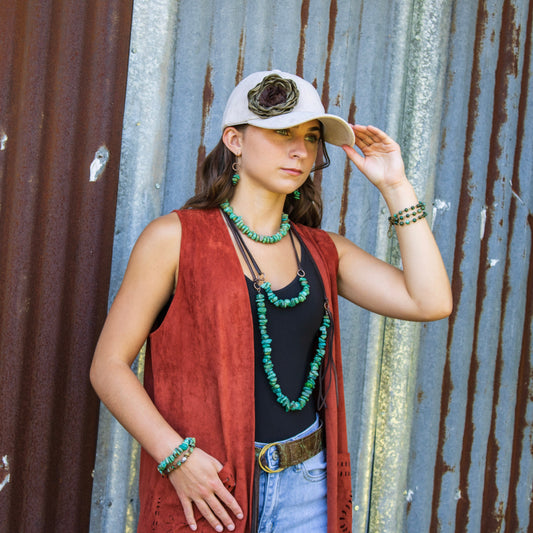 Natural Turquoise Necklace with Side-Tie Vegan Leather Tassel 245c