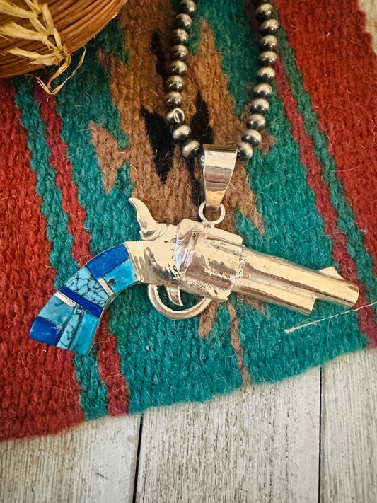 Navajo Sterling Silver & Turquoise Inlay Pistol Pendant