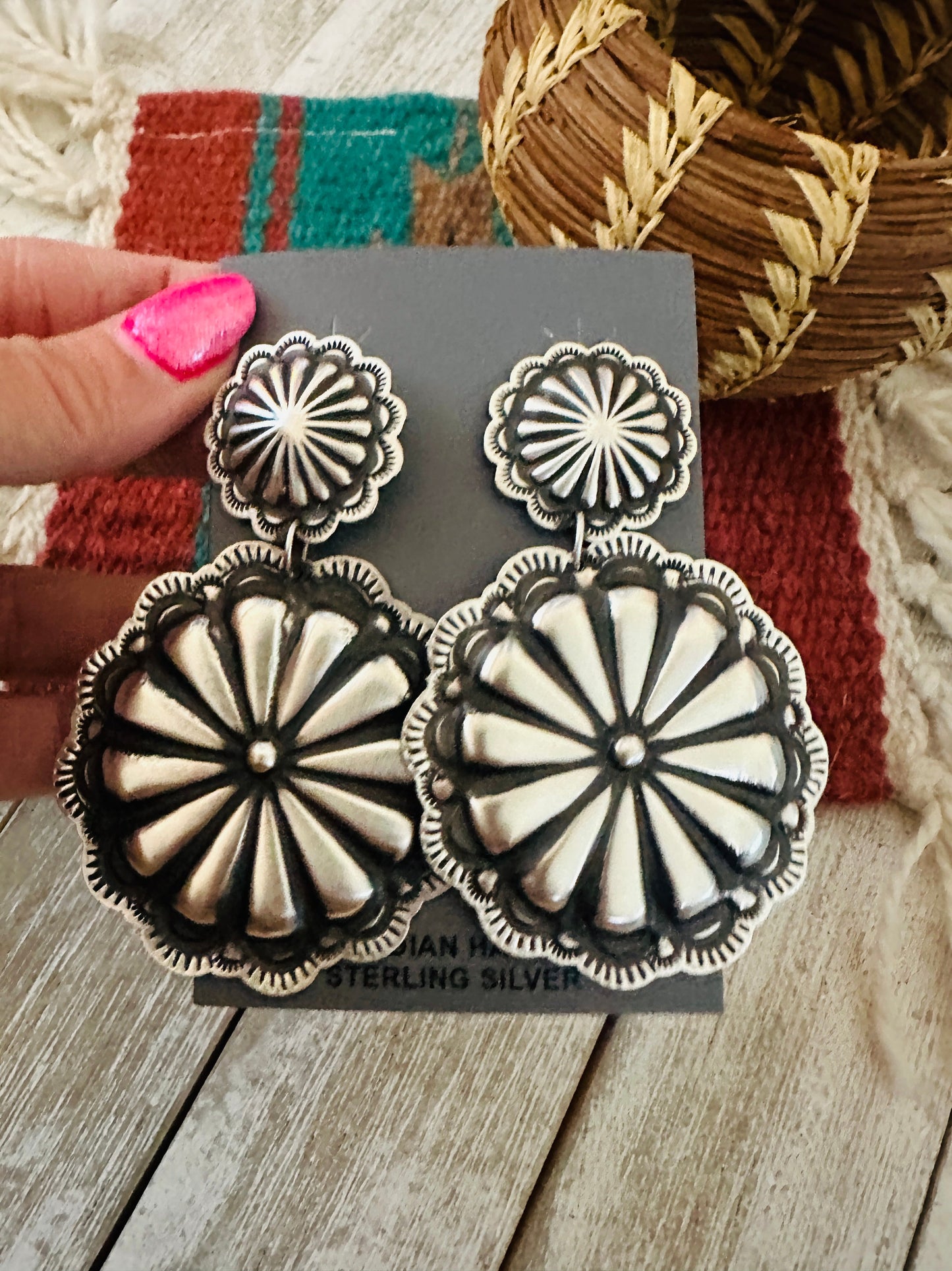 Navajo Sterling Silver Concho Dangle Earrings by Leander Tahe
