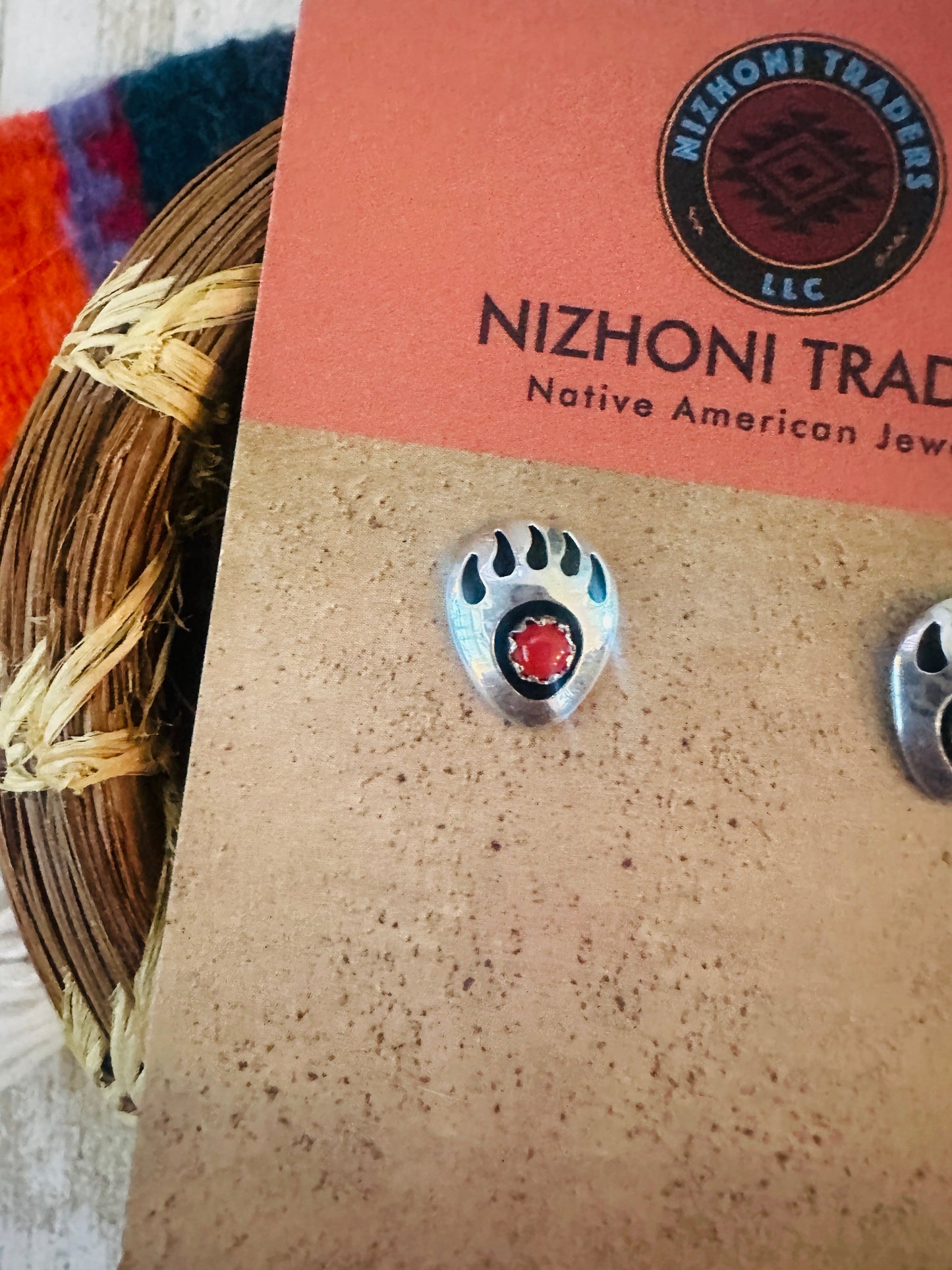 Navajo Coral & Sterling Silver Bear Paw Stud Earrings