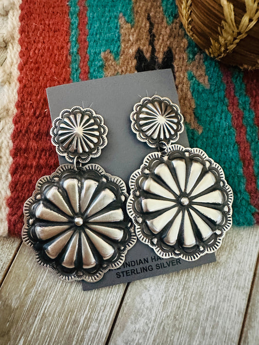 Navajo Sterling Silver Concho Dangle Earrings by Leander Tahe