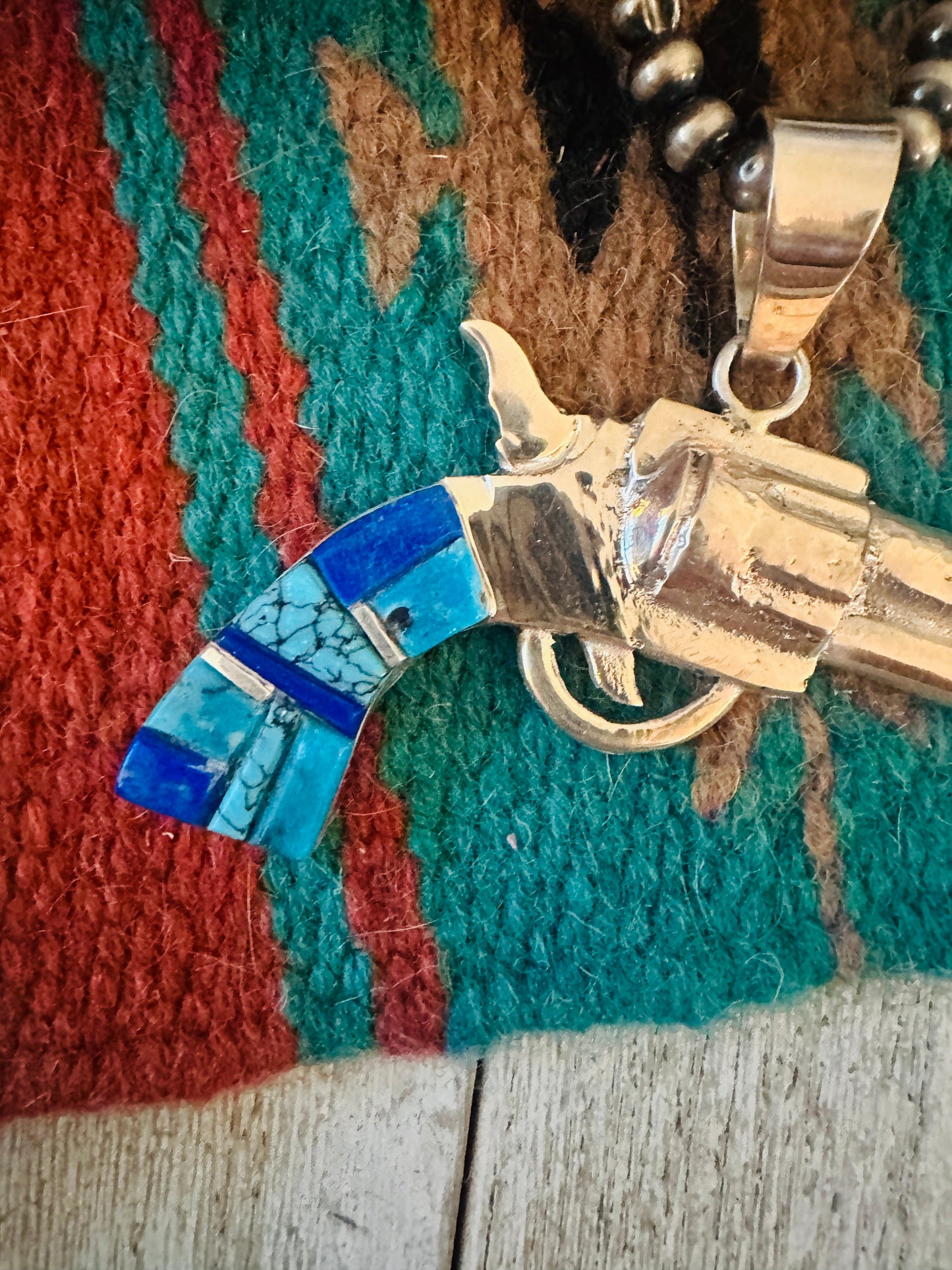 Navajo Sterling Silver & Turquoise Inlay Pistol Pendant