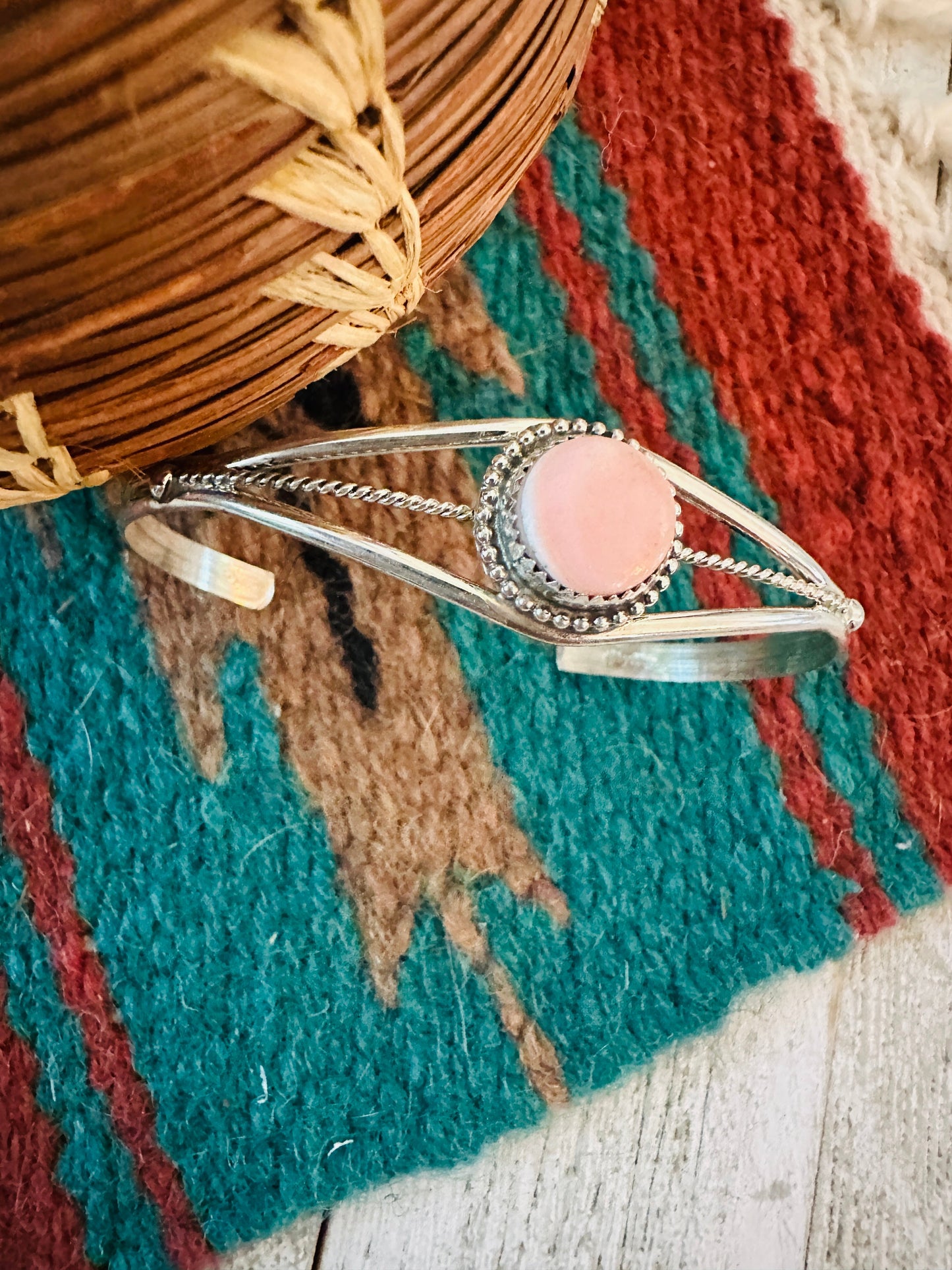 Navajo Sterling Silver & Queen Pink Conch Cuff Bracelet