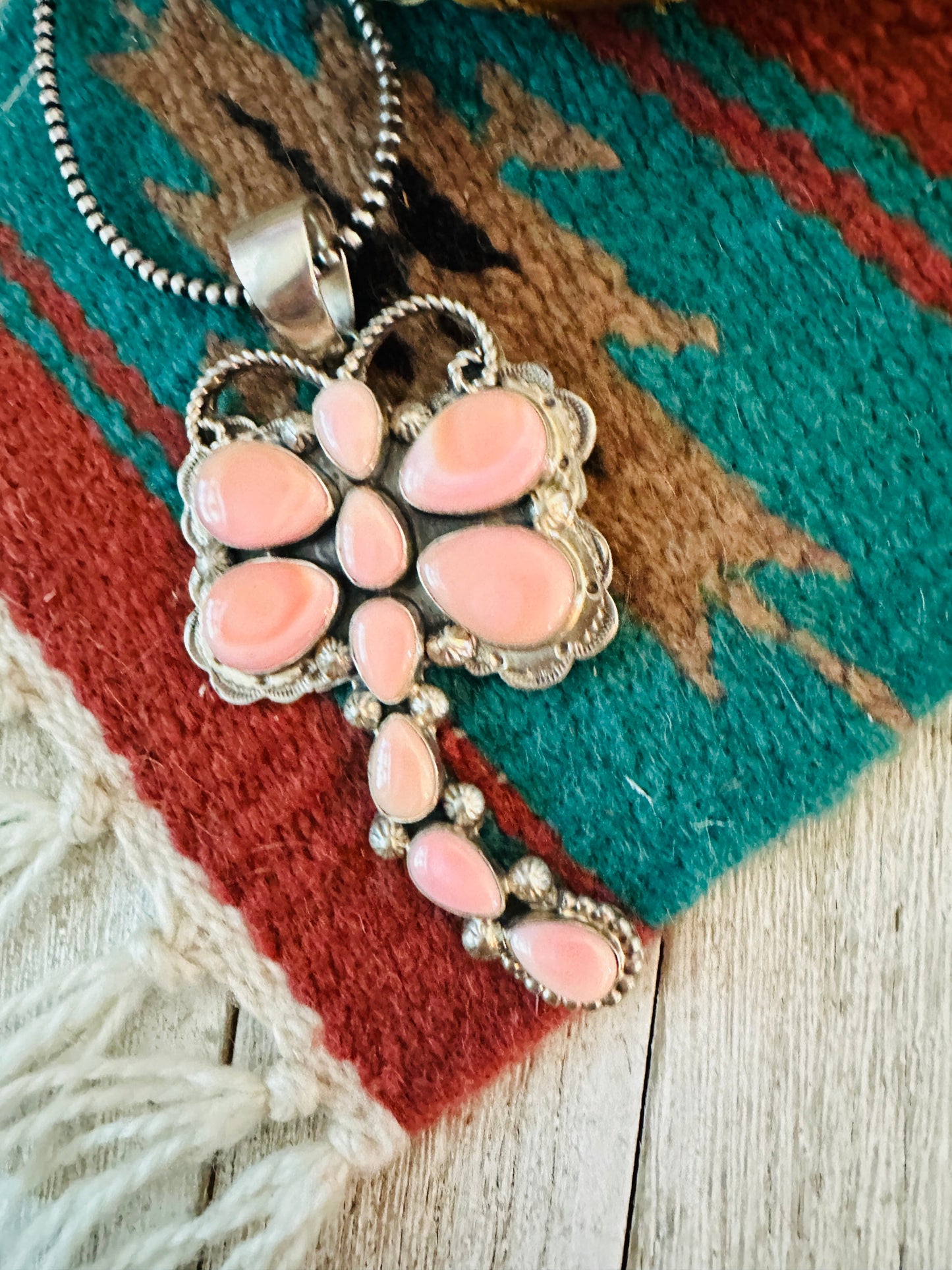 Navajo Queen Pink Conch & Sterling Silver Dragonfly Pendant By Tina Benally