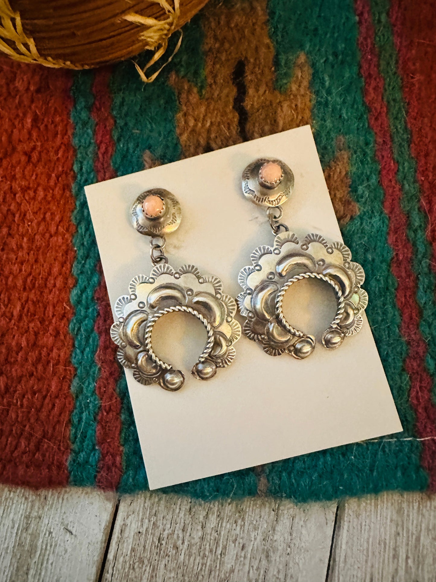 Navajo Queen Pink Conch & Sterling Silver Naja Dangle Earrings By Tim Yazzie