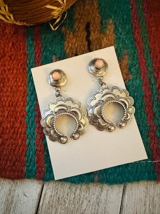 Navajo Queen Pink Conch & Sterling Silver Naja Dangle Earrings By Tim Yazzie
