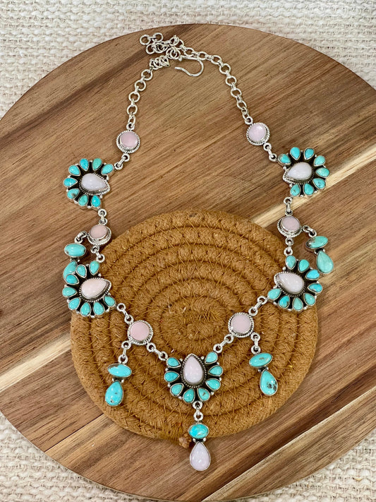 Handcrafted Sterling Silver, Turquoise & Pink Conch Necklace