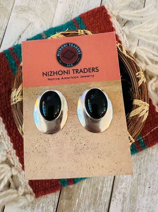 Navajo Onyx & Sterling Silver Post Earrings
