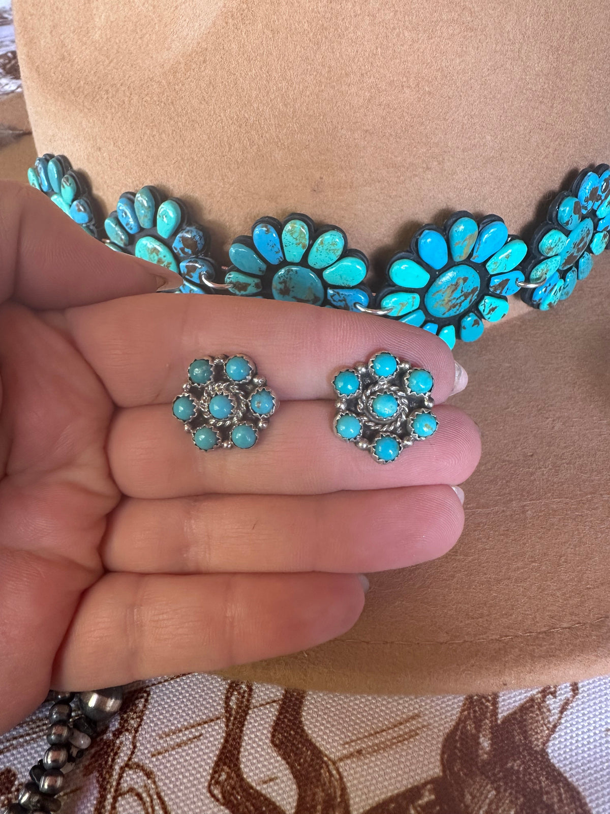 Handcrafted Turquoise And Sterling Silver 7 Stone Flower Post Earrings