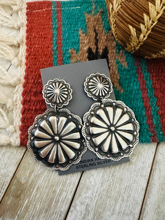 Navajo Sterling Silver Concho Dangle Earrings by Leander Tahe