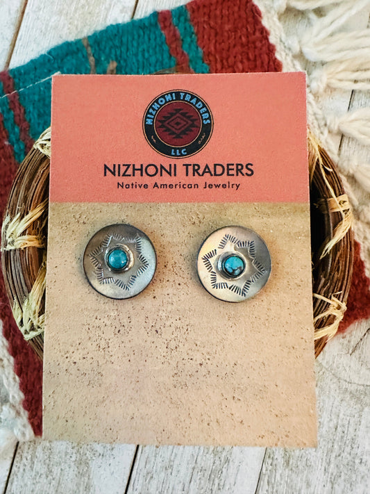 Navajo Sterling Silver & Turquoise Concho Stud Earrings