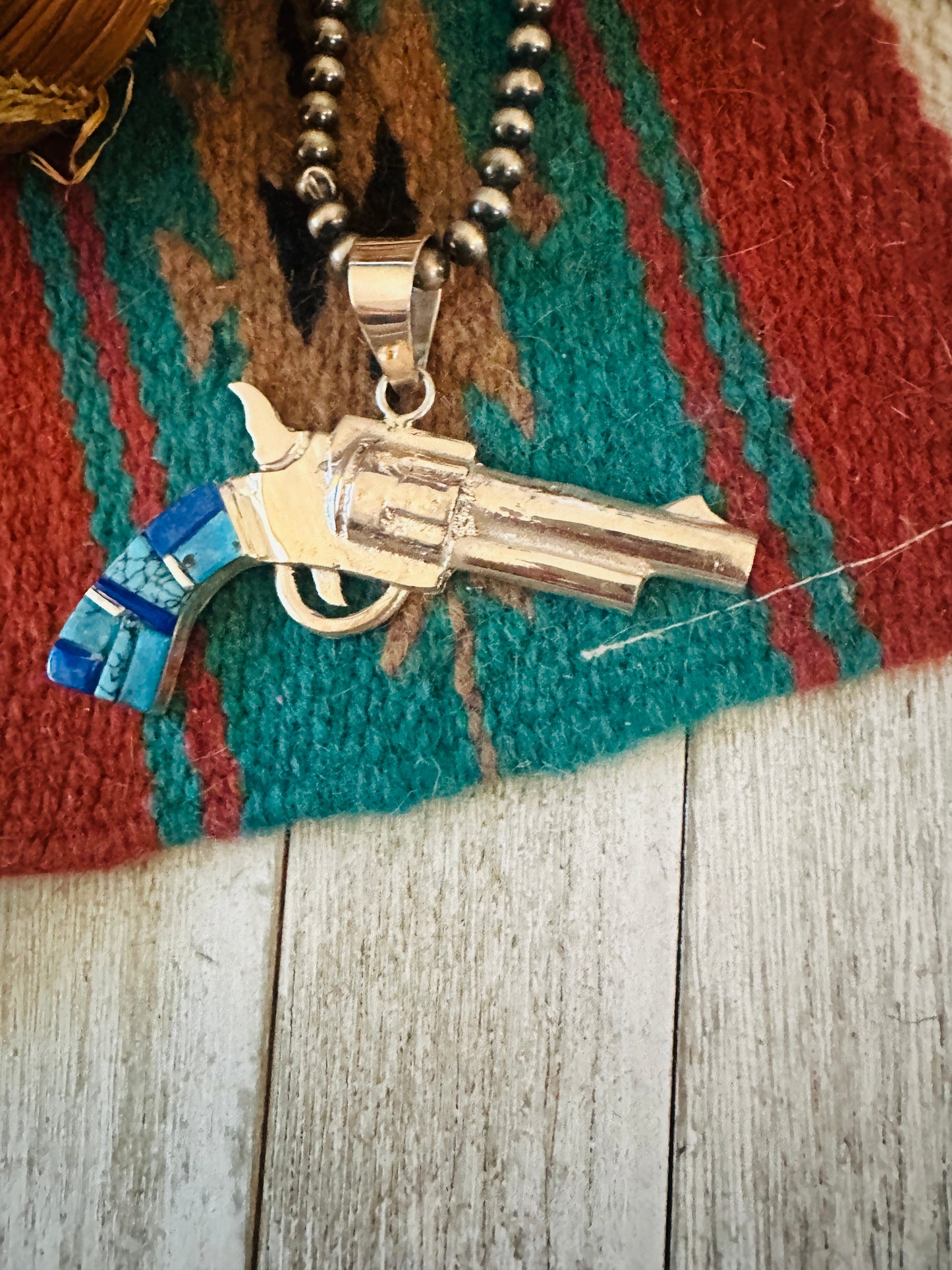 Navajo Sterling Silver & Turquoise Inlay Pistol Pendant