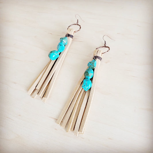 Leather Fringe Earrings with Turquoise Chunks Cream 218q