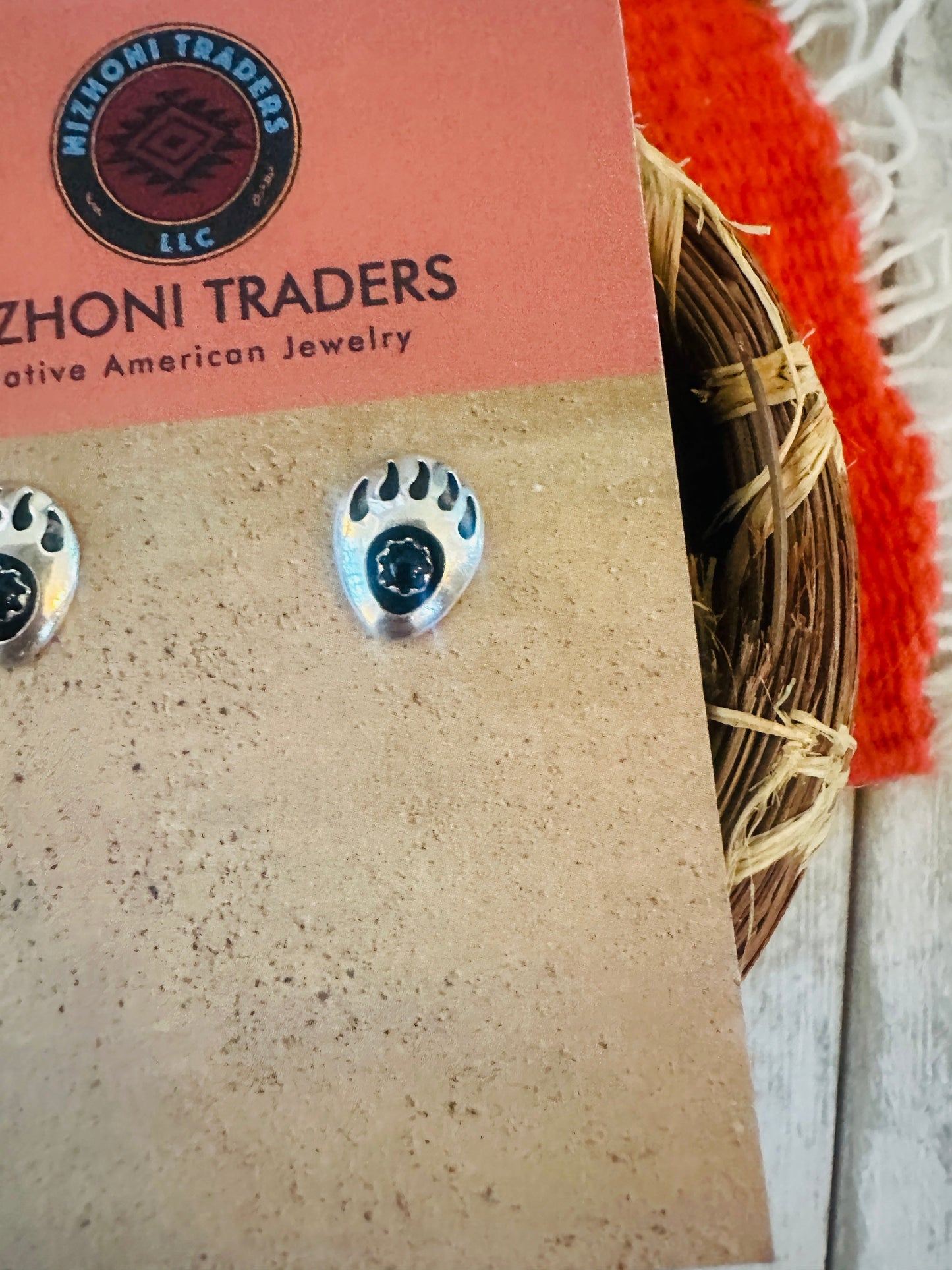 Navajo Onyx & Sterling Silver Bear Paw Stud Earrings