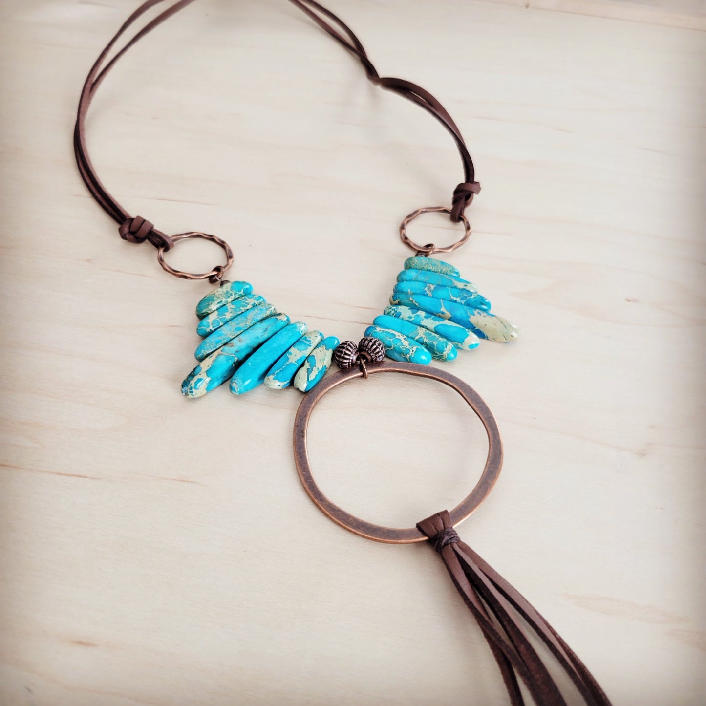 Imperial Jasper Slab Necklace w/ Copper Hoop & Tassel 252h