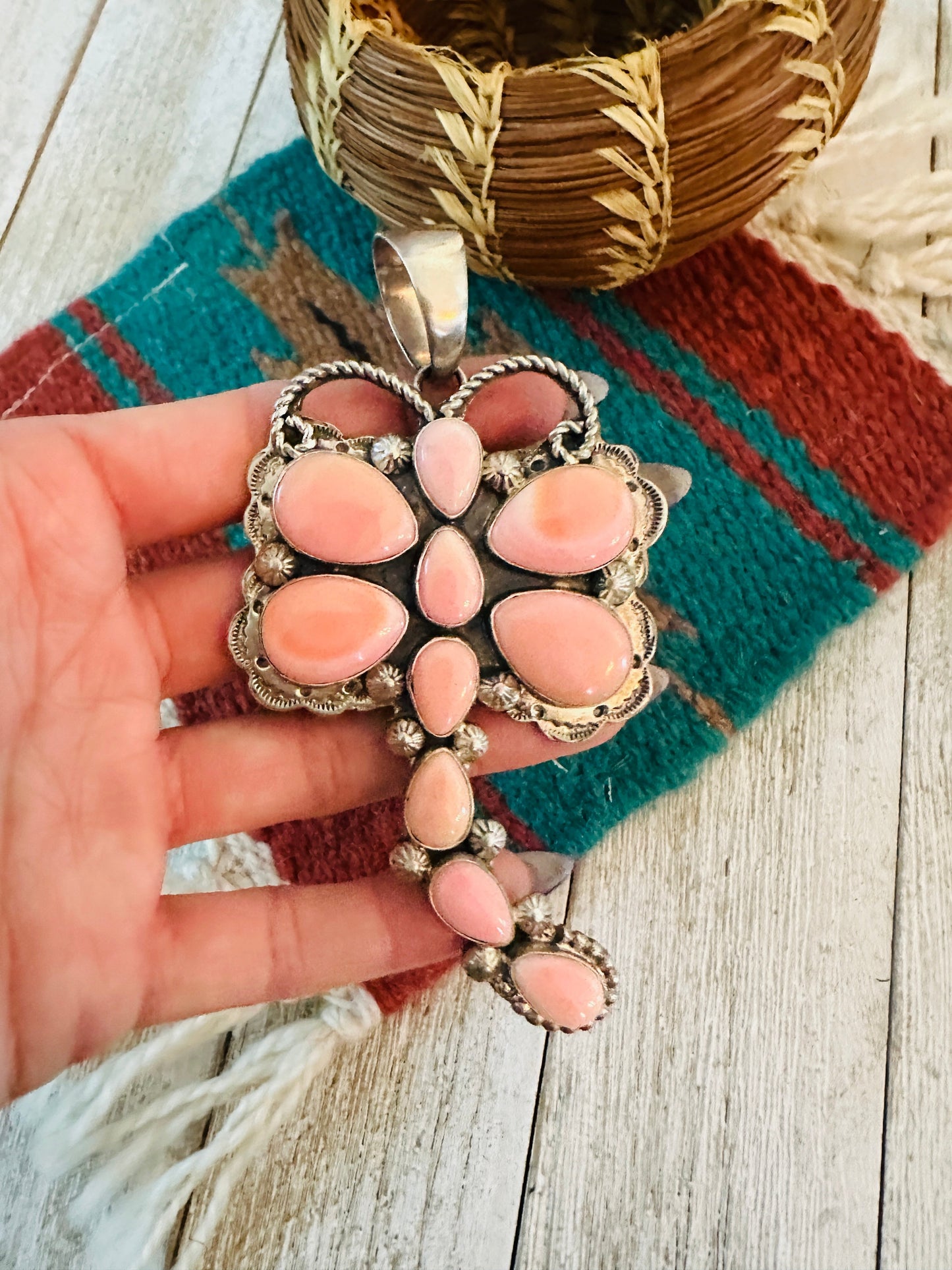 Navajo Queen Pink Conch & Sterling Silver Dragonfly Pendant By Tina Benally