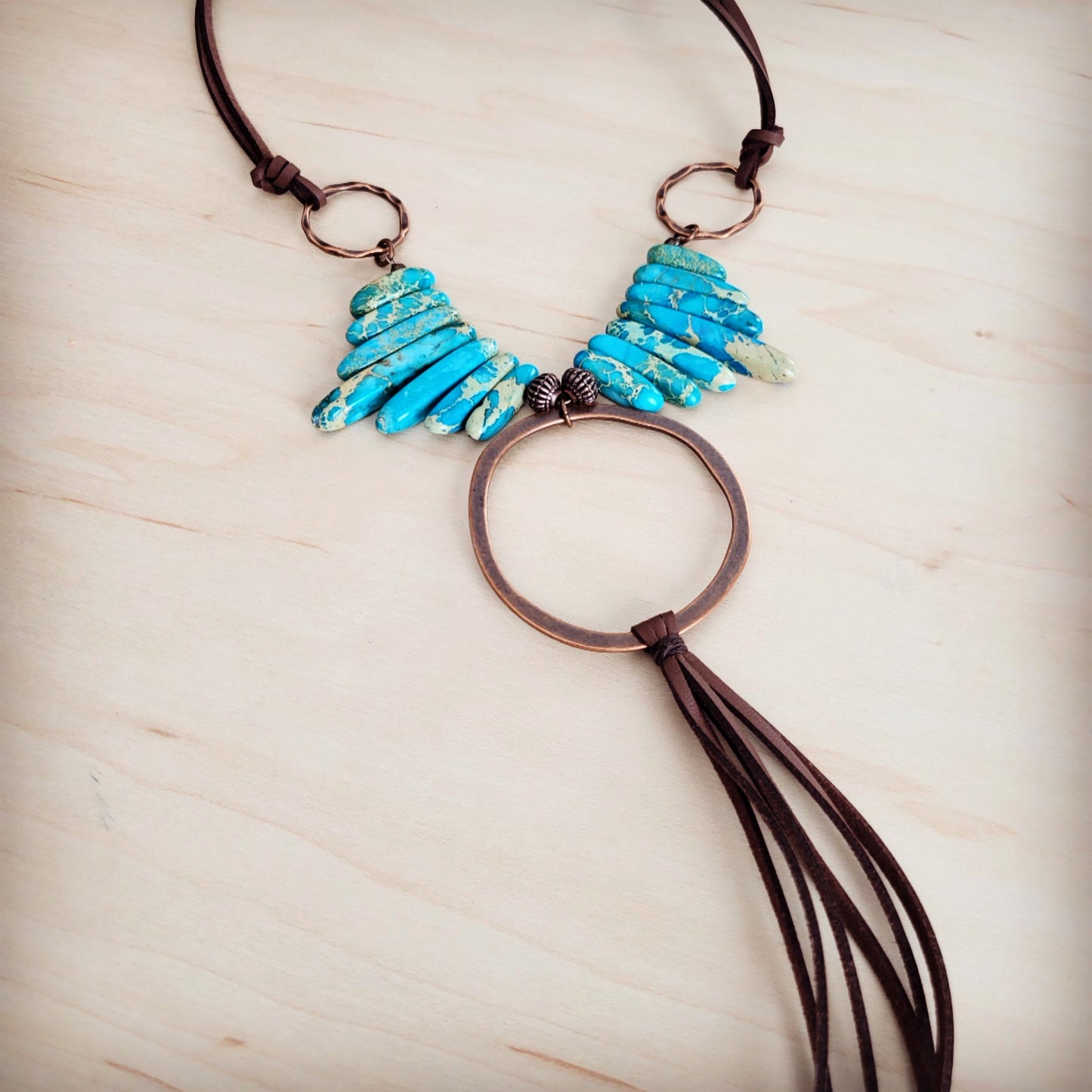 Imperial Jasper Slab Necklace w/ Copper Hoop & Tassel 252h