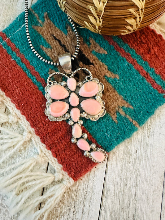Navajo Queen Pink Conch & Sterling Silver Dragonfly Pendant By Tina Benally