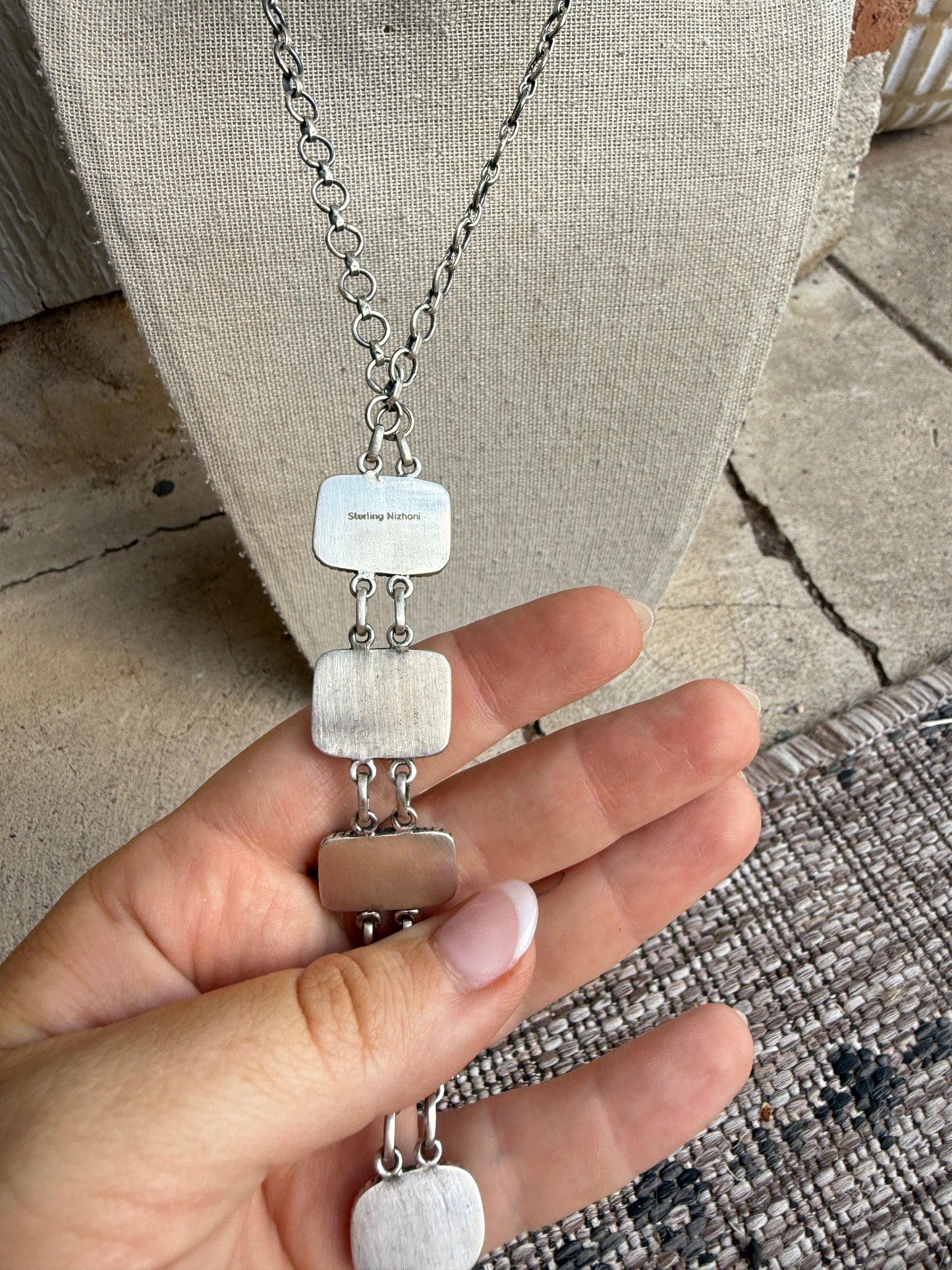 Handmade Sterling Silver & New Lander Turquoise Drop Necklace Signed Nizhoni