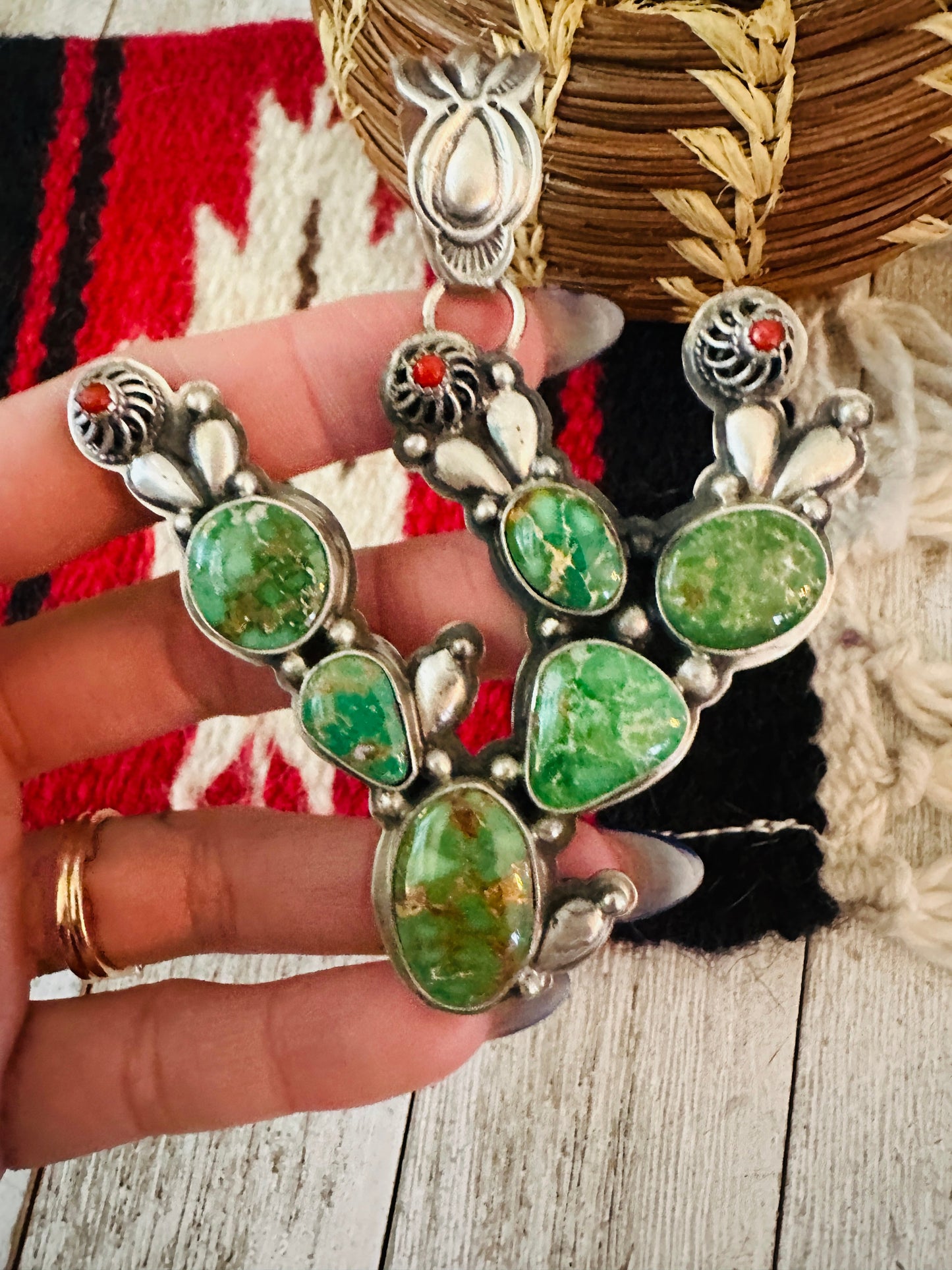 Navajo Turquoise, Coral and Sterling Silver Cactus Pendant by Charles Johnson