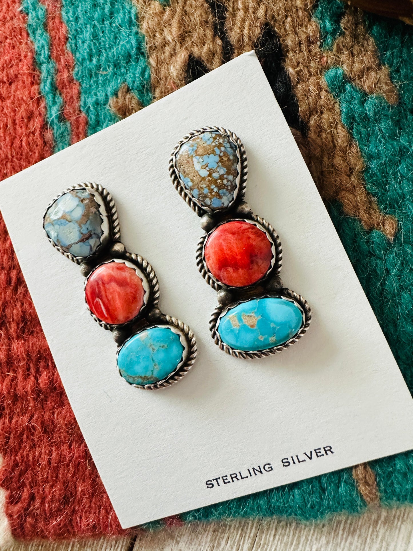 Navajo Orange Spiny, Turquoise and Sterling Silver Dangle Earrings