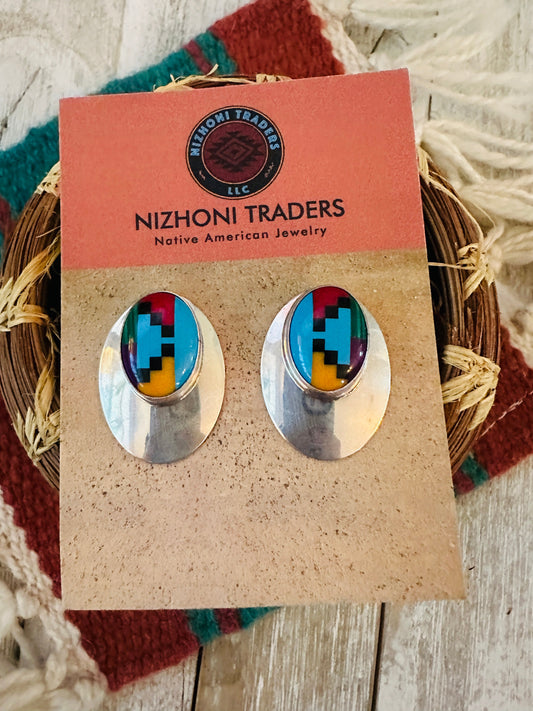 Navajo Multi Stone & Sterling Silver Inlay Post Earrings