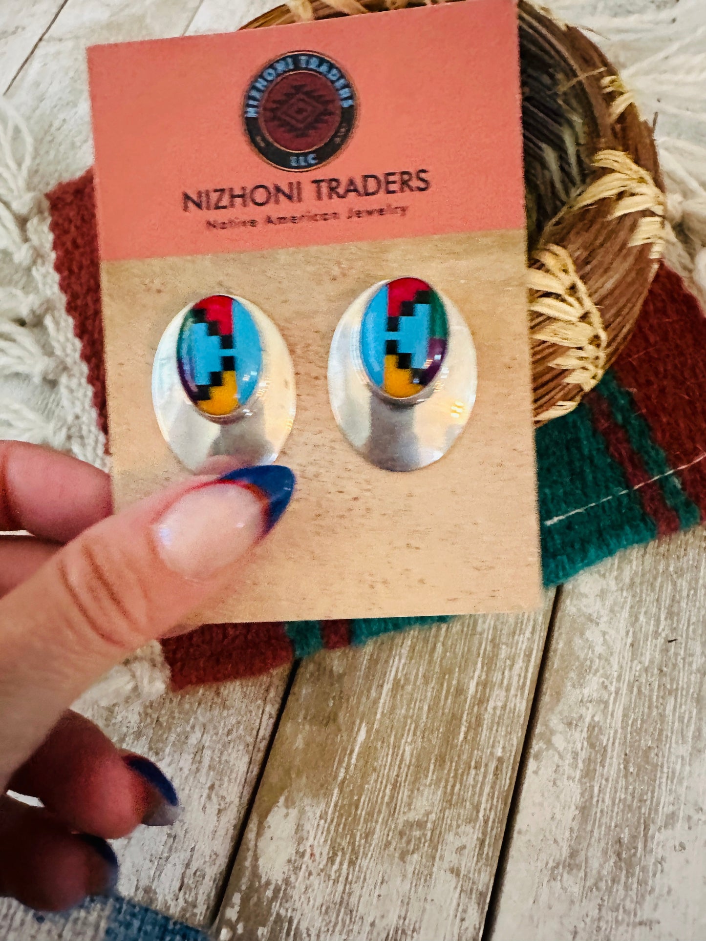 Navajo Multi Stone & Sterling Silver Inlay Post Earrings