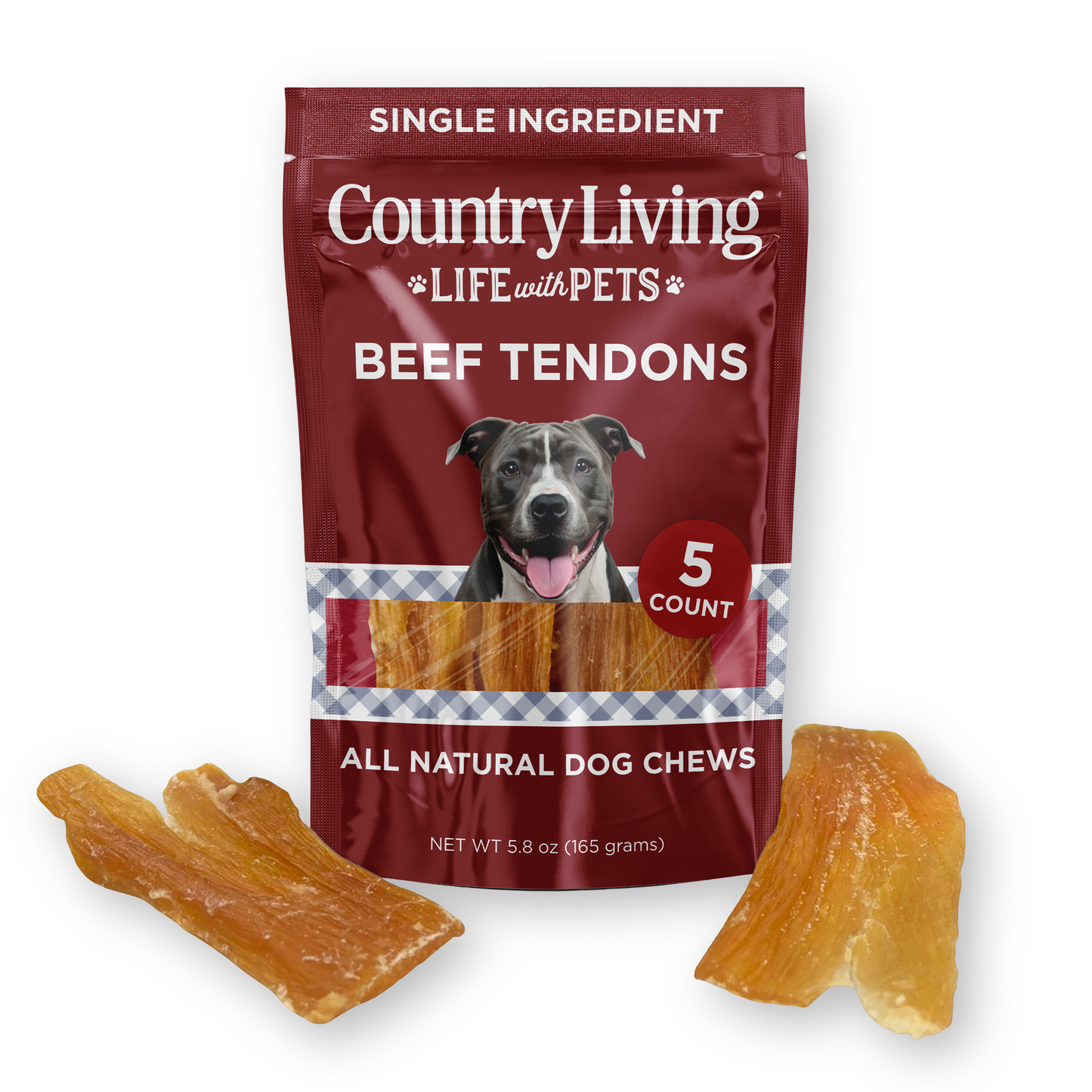 Country Living 4”-7” Beef Backstrap Tendon Dog Chews – 5 Count Bag – All-Natural, Long-Lasting, High-Protein Dog Treats – Single-Ingredient, Grain-Free