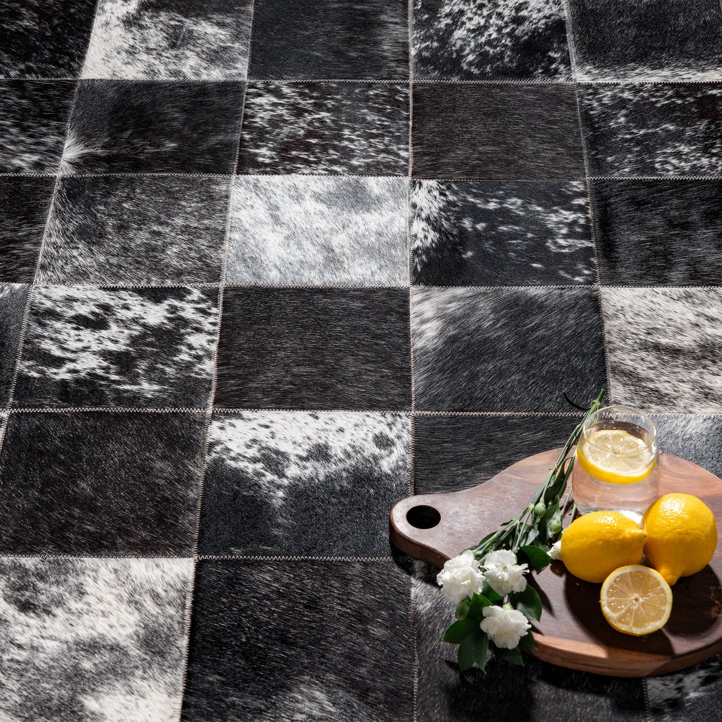 Black Salt and Pepper Patchwork Cowhide Rug