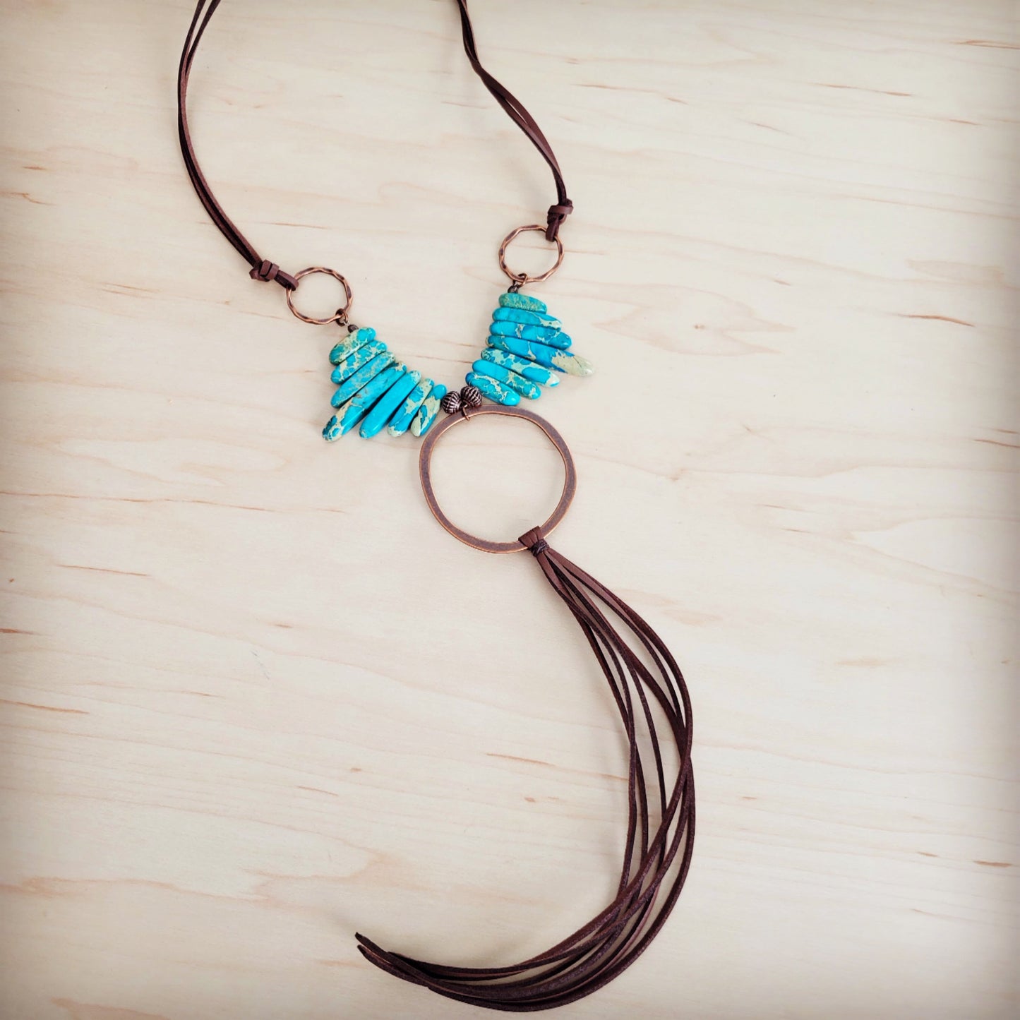 Imperial Jasper Slab Necklace w/ Copper Hoop & Tassel 252h