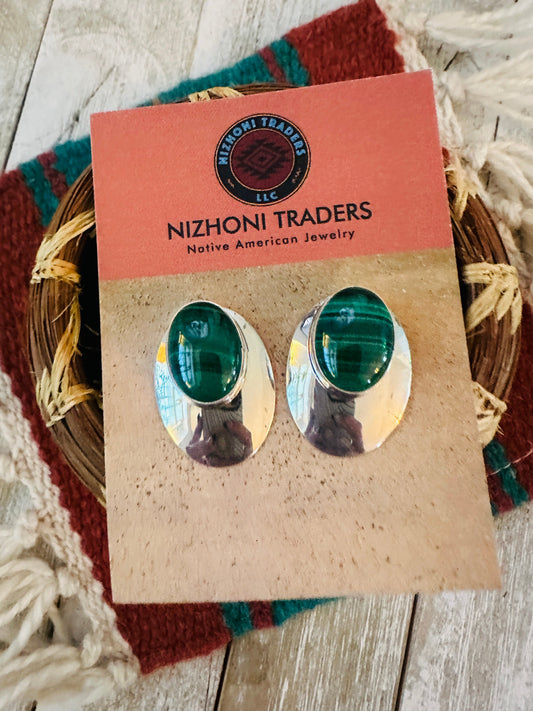 Navajo Malachite & Sterling Silver Post Earrings
