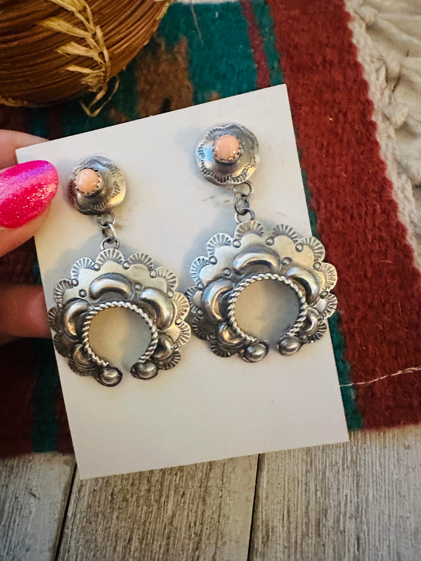 Navajo Queen Pink Conch & Sterling Silver Naja Dangle Earrings By Tim Yazzie